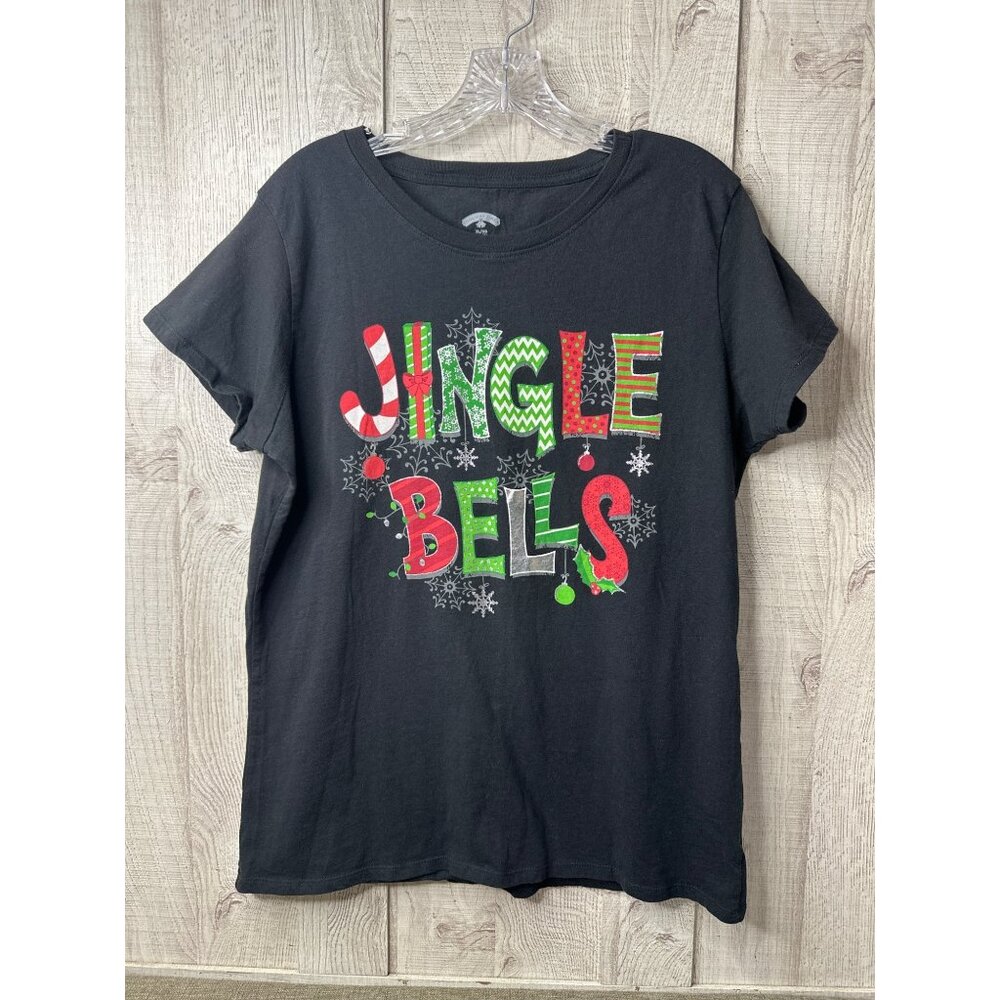 Holiday Time Jingle Bells Graphic T Shirt Womens XL Black Christmas Top